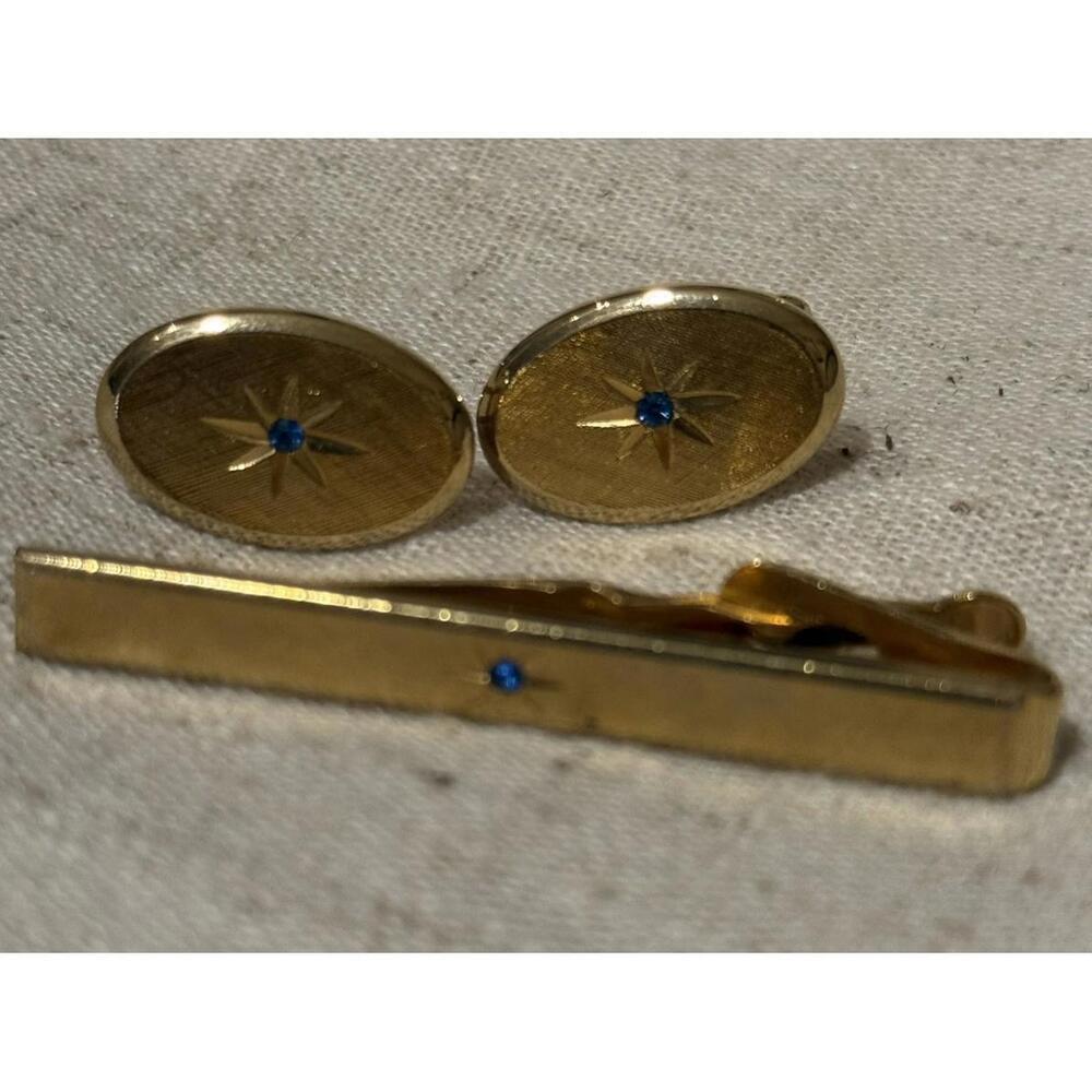 Vintage Gold Tone Avon Tie Clip Blue Rhinestone Starburst & 2 Cuff Links